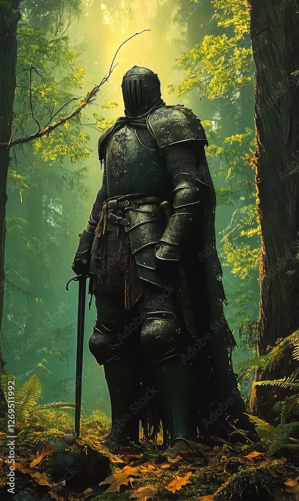 Solitary Knight in Verdant Forest Armor and Sword Guardian of Ancient Woods Fantasy Realm Solitary Knight in Verdant Forest Armor and Sword Guardian of Ancient Woods Fantasy Realm