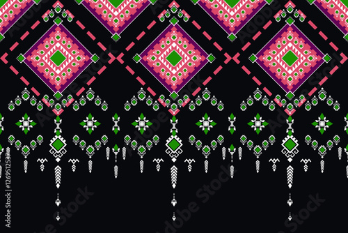 Geometric pattern, ethnic fabric pattern in pink, green and white. Tribal graphic pattern on dark blue background. Suitable for designing peach fabric patterns. Printing industry, tiles or carpets