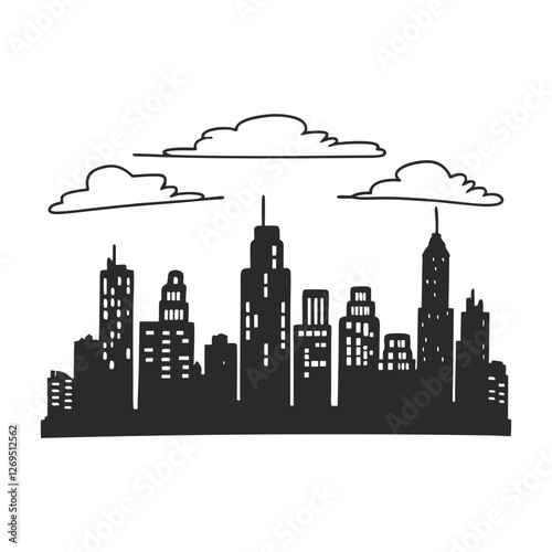 City skyline silhouette. Urban downtown landscape featuring towering skyscrapers. Panoramic architecture with government buildings. Illustration of bustling urban life and modern cityscapes.