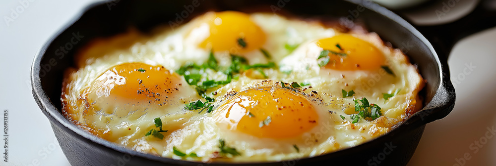 Four eggs sunny side up are cooking in a cast iron pan, seasoned with chives and pepper Four eggs sunny side up are cooking in a cast iron pan, seasoned with chives and pepper