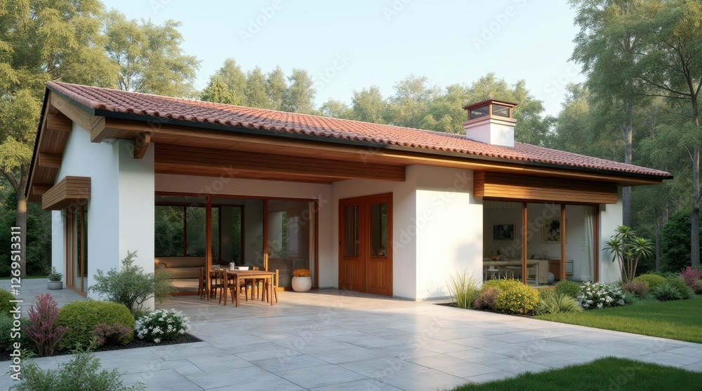 L-Shaped Single-Story White Plaster Rural House L-Shaped Single-Story White Plaster Rural House