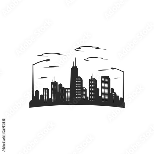 City skyline silhouette. Urban landscape with towering skyscrapers. Downtown panorama featuring modern architecture and government buildings. Illustration of bustling urban life and metropolitan scene