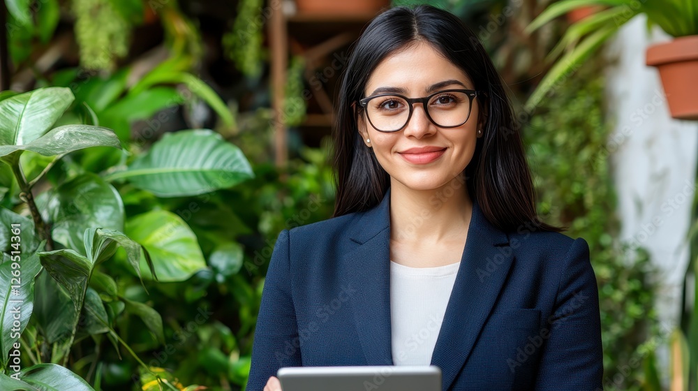 Fototapeta premium A young person with dark hair wearing eyeglasses and a dark blue jacket holds a tablet in a lush green garden setting. Natural light illuminates the