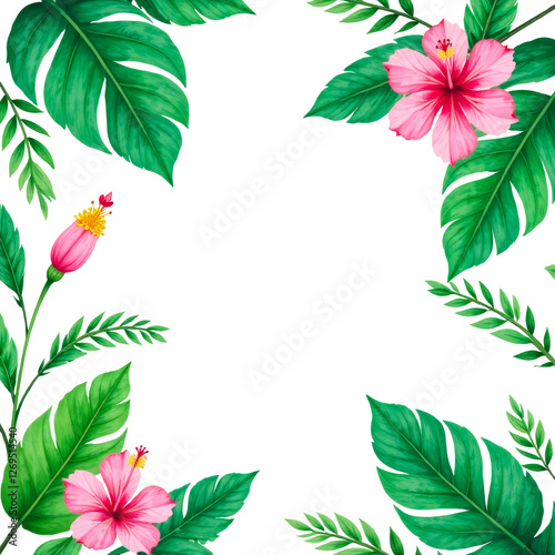 Frame of tropical hibiscus plants and monstera leaves. isolated on transparent background.