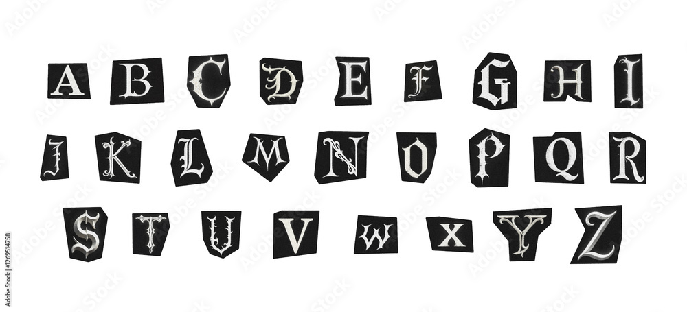 set of cut-out english png alphabet from magazines on a transparent background, black and white gothic ransom style set of cut-out english png alphabet from magazines on a transparent background, black and white gothic ransom style