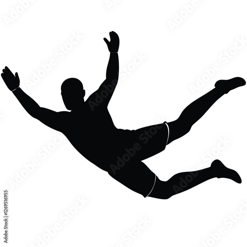 black silhouette of a goalkeeper diving to make a save, body fully extended in mid-air