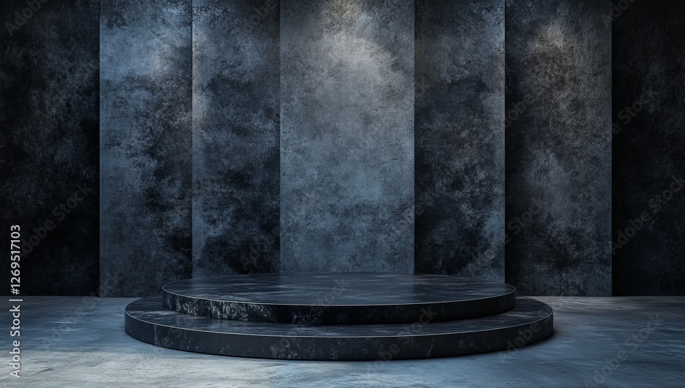 Dark marble podium, empty display, industrial loft, spotlighting Dark marble podium, empty display, industrial loft, spotlighting