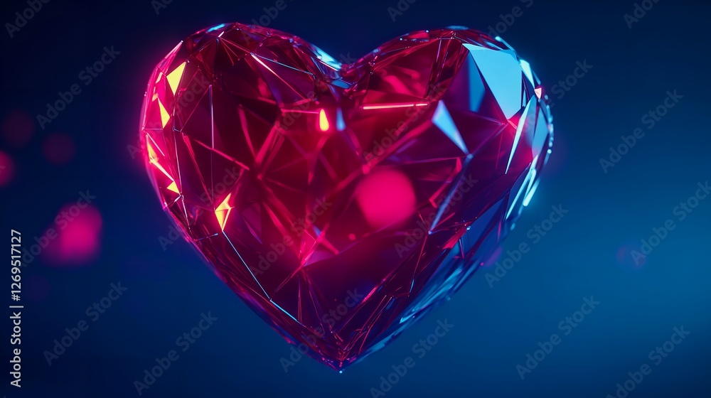 Abstract Red Crystal Heart Shape Low Poly Geometric Design Vibrant Neon Glowing Luxury Digital Art Render Background Illustration 3d day dark blue Abstract Red Crystal Heart Shape Low Poly Geometric Design Vibrant Neon Glowing Luxury Digital Art Render Background Illustration 3d day dark blue