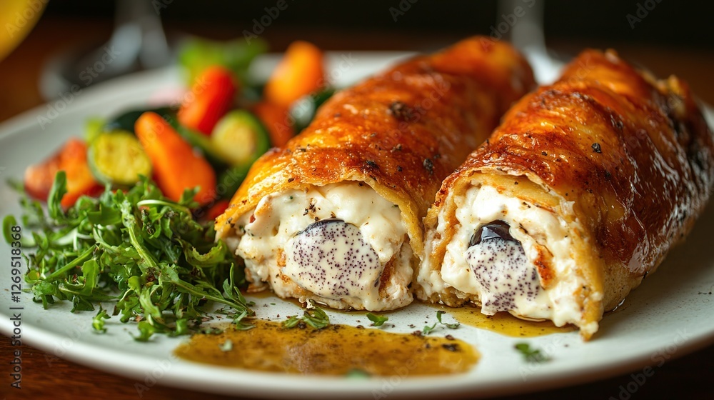 Golden-brown Chicken Cordon Bleu fresh from the oven, resting on a wooden cutting board, with melted cheese oozing out Golden-brown Chicken Cordon Bleu fresh from the oven, resting on a wooden cutting board, with melted cheese oozing out