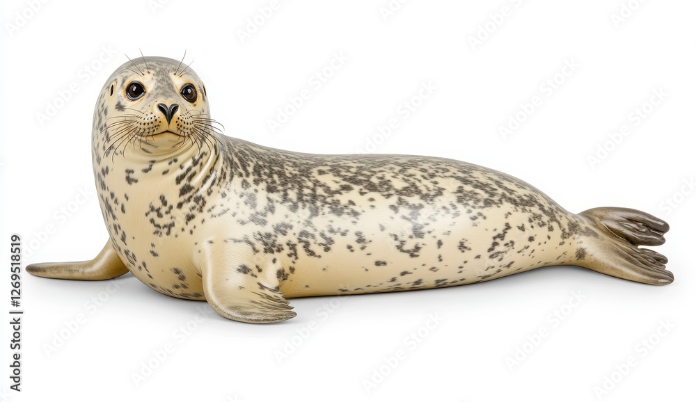 Obraz premium A young harbor seal pup rests on a plain white background, its creamy beige fur marked with dark gray spots. The seal's large, expressive eyes and