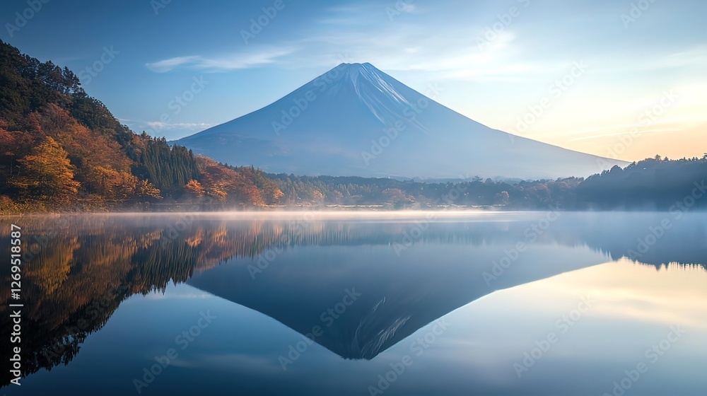 Majestic mountain reflected in calm lake at sunrise, autumn foliage. Majestic mountain reflected in calm lake at sunrise, autumn foliage.