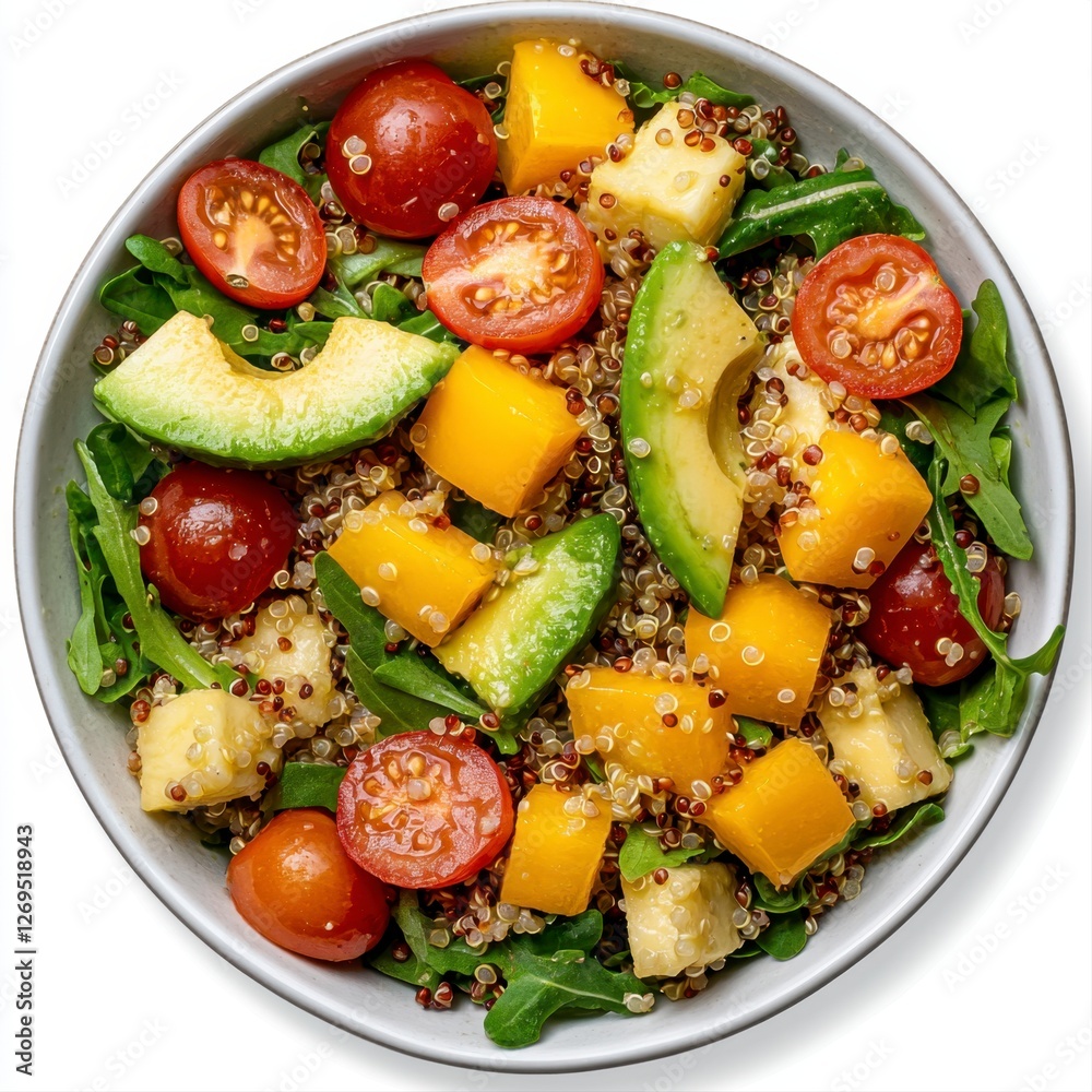 Bowl of quinoa salad with avocado mango and vibrant green vegetables on a wooden table Bowl of quinoa salad with avocado mango and vibrant green vegetables on a wooden table