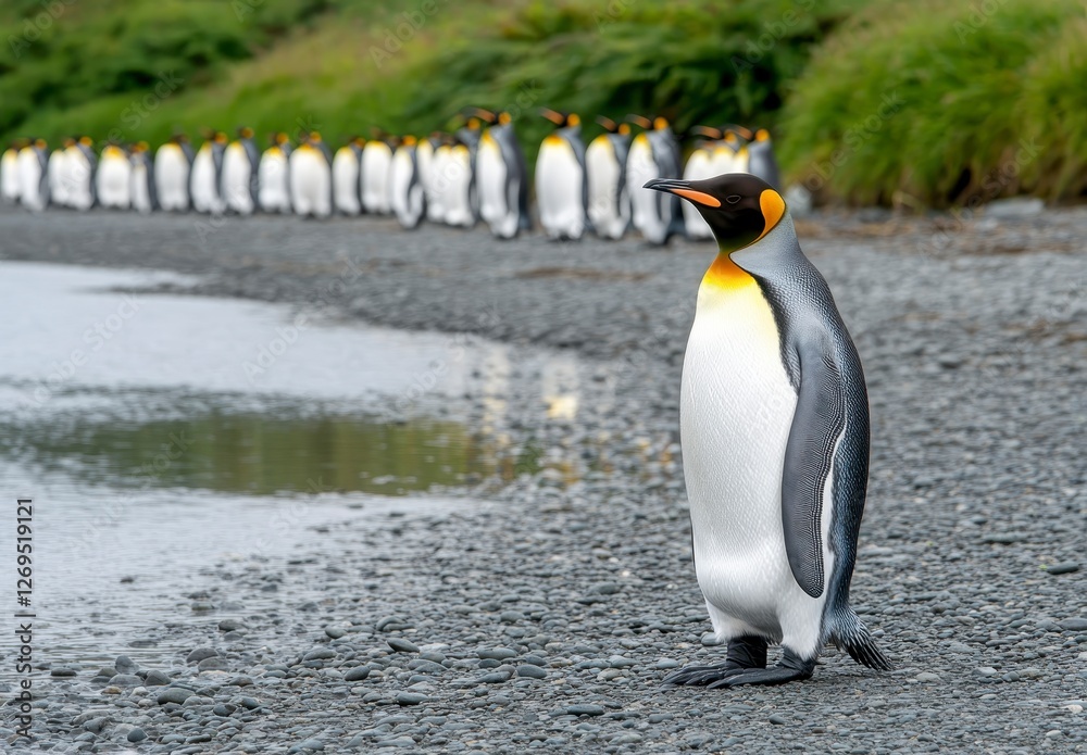 Obraz premium King penguin standing on a pebble beach near a calm body of water, other penguins are visible in the background. The scene is outdoors, with natural