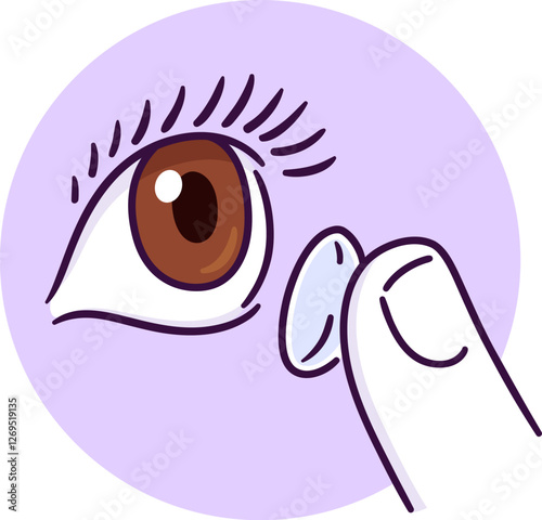 Putting in contact lenses hand drawn doodle icon. Brown eye and finger holding lens on colored circle. Simple drawing, vector clip art illustration.