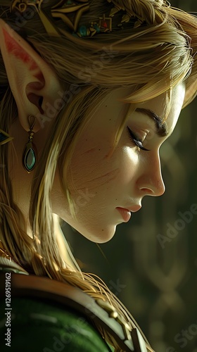 Pensive Elf Contemplating with Worn Skin in a Shadowed Space photo