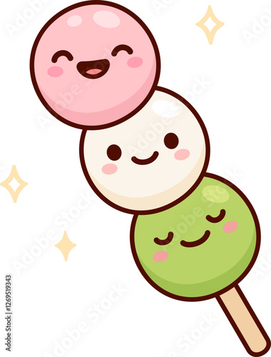 Hanami dango, traditional Japanese dessert. Pink, white and green sweet rice balls with kawaii smiling faces. Cute cartoon vector illustration.