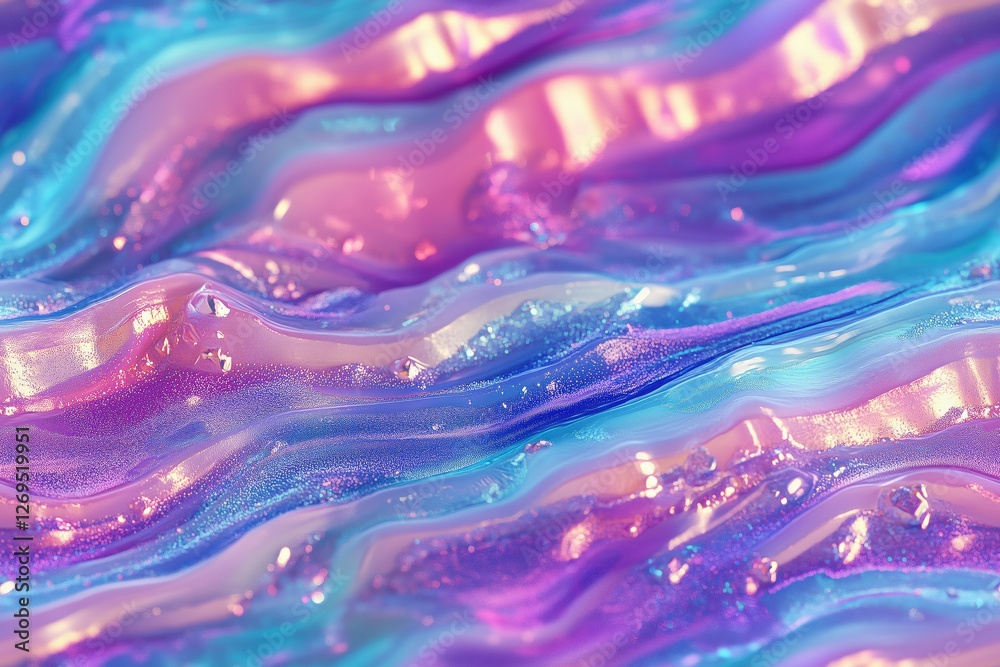 Fototapeta premium Seamless Shimmerstone vibrant, abstract background featuring flowing waves of iridescent colors in shades of blue, purple, and pink, with a glossy texture and shimmering highlights.
