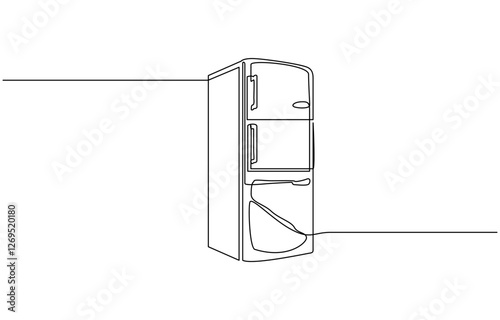 One line drawing of refrigerator in retro style. Continuous line drawing of Home appliance, fridge, One continuous line illustration of a refrigerator, isolated on white background.