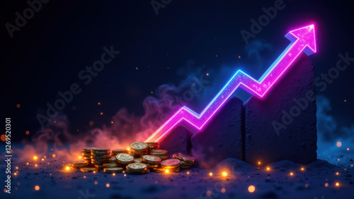 An upward trend graphic with exploding coins on a dark background, symbolizing rapid financial success or growth.