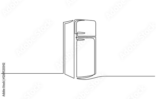 One line drawing of refrigerator in retro style. Continuous line drawing of Home appliance, fridge, One continuous line illustration of a refrigerator, isolated on white background.