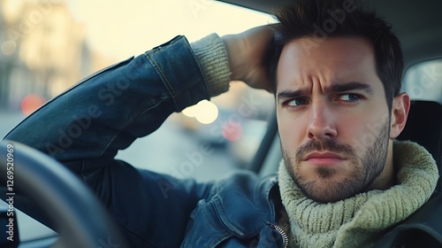 Puzzled Man Driving Car Holding Head With Hand Looking Uncertain With Facial Expression