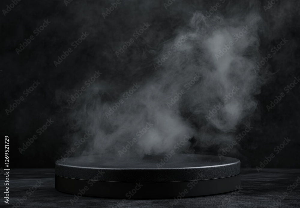 Black round podium with smoky effect on dark background Black round podium with smoky effect on dark background