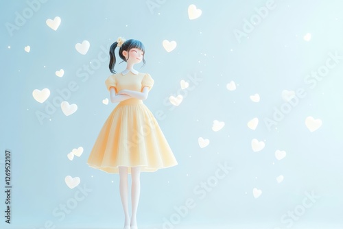 A cute girl in a yellow dress surrounded by floating hearts, a dreamy pastel scene.