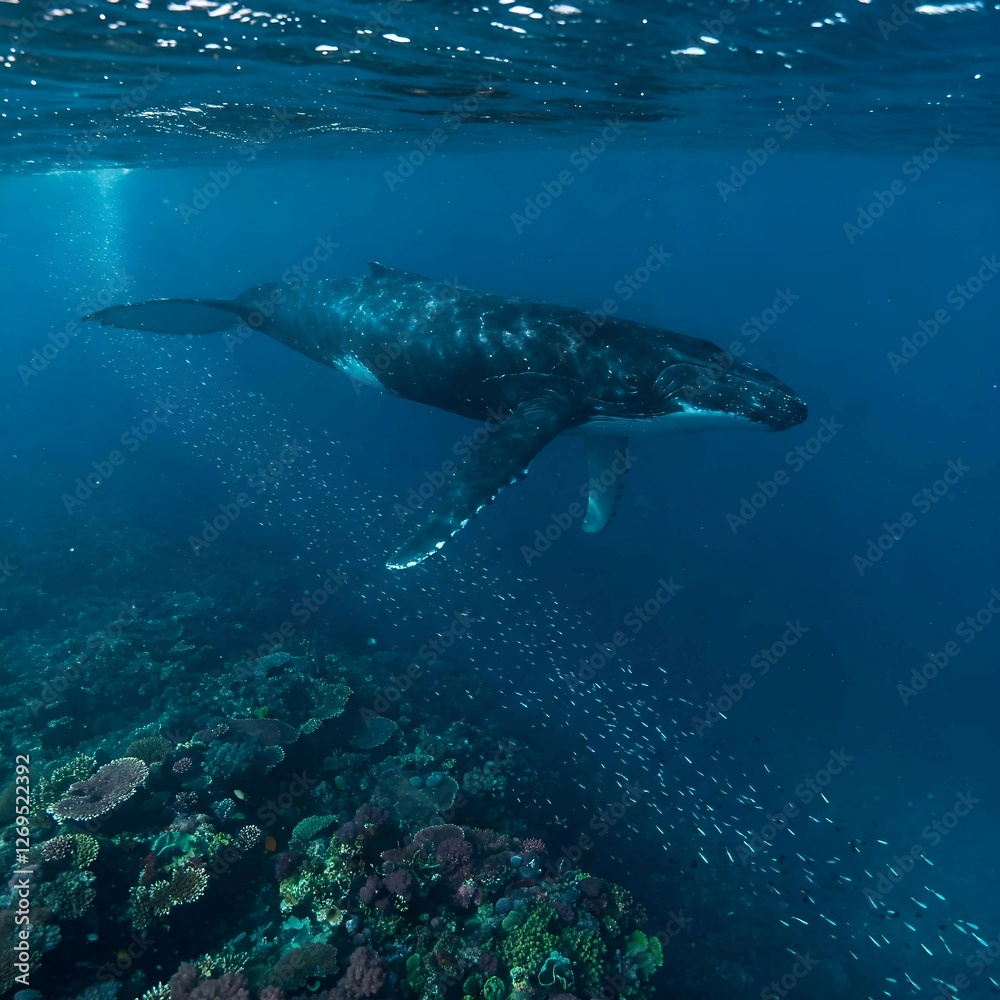 Naklejka premium Majestic Humpback Whale Swimming Amidst Glowing Plankton and Vibrant Reef under water fish 4k hd high quality wallpaper background picture