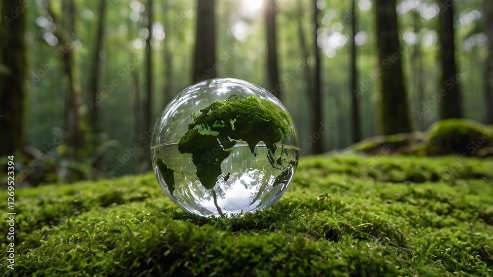 Crystal glass globe on green moss in a forest, symbolizing nature protection, sustainability, environmental care, Earth Day, and eco-friendly ESG concepts. Crystal glass globe on green moss in a forest, symbolizing nature protection, sustainability, environmental care, Earth Day, and eco-friendly ESG concepts.