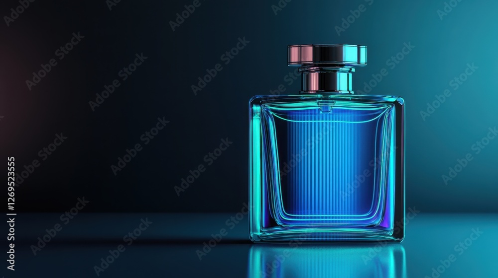 Elegant Blue Perfume Bottle with Abstract Background and Light Elegant Blue Perfume Bottle with Abstract Background and Light