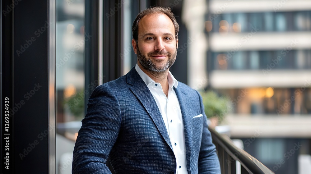 Naklejka premium Professional portrait of a corporate brand strategist in modern urban office space