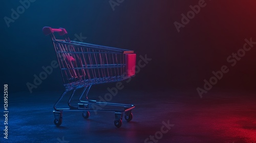 Metal shopping cart with neon glow on dark background, symbolizing black friday shopping online photo