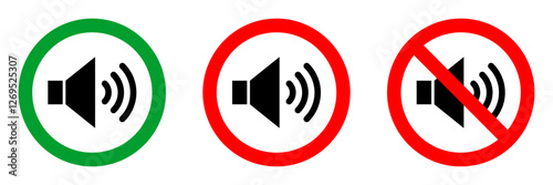no sound or keep silence red circle sign, green allowed round vector icon, 3 pictogram collection