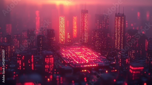 Futuristic city sunset, glowing buildings, digital landscape, concept art, sci-fi background photo