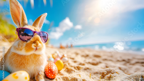 Easter bunny relaxing on beach with sunglasses and easter eggs, holiday vacation