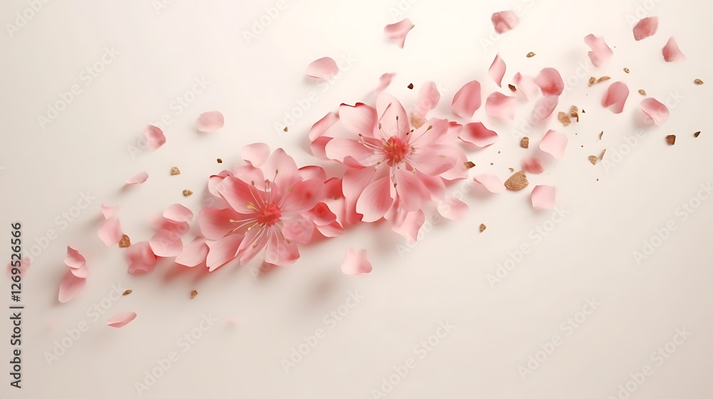 Fototapeta premium Serene Pink Blossoms Gently Falling on a Pale Surface in Delicate Composition