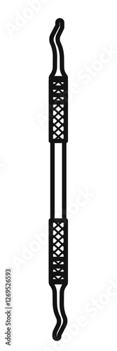 A black and white icon of a dental scaler, a specialized instrument used in dentistry for removing plaque tartar and calculus buildup from teeth surfaces.