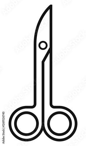 A black and white icon of surgical scissors with curved blades a medical instrument used in dentistry and surgery for cutting tissue or sutures.