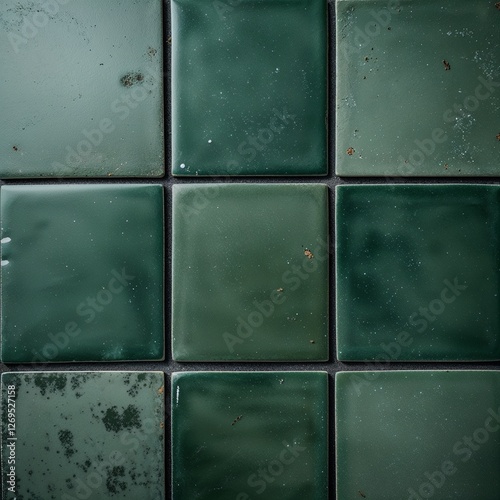 close-up of a tiled surface, featuring a grid layout of square tiles. Each tile is a deep, rich green color with subtle variations in shade, giving a slightly weathered and textured appearance