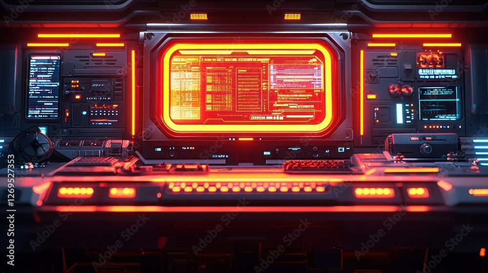 Futuristic control panel displays code; red lights illuminate dark sci-fi interior; website background Futuristic control panel displays code; red lights illuminate dark sci-fi interior; website background