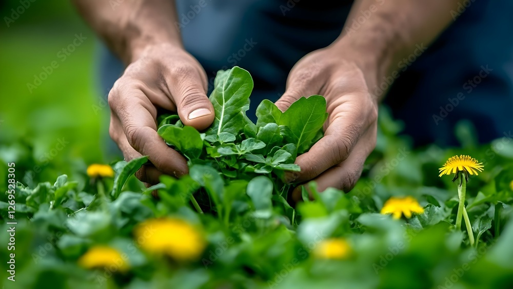 A close-up of hands holding leafy greens amidst a garden with vibrant yellow flowers. Concept Close-Up Photography, Garden Aesthetics, Fresh Produce, Nature's Beauty, Vibrant Color Contrast A close-up of hands holding leafy greens amidst a garden with vibrant yellow flowers. Concept Close-Up Photography, Garden Aesthetics, Fresh Produce, Nature's Beauty, Vibrant Color Contrast