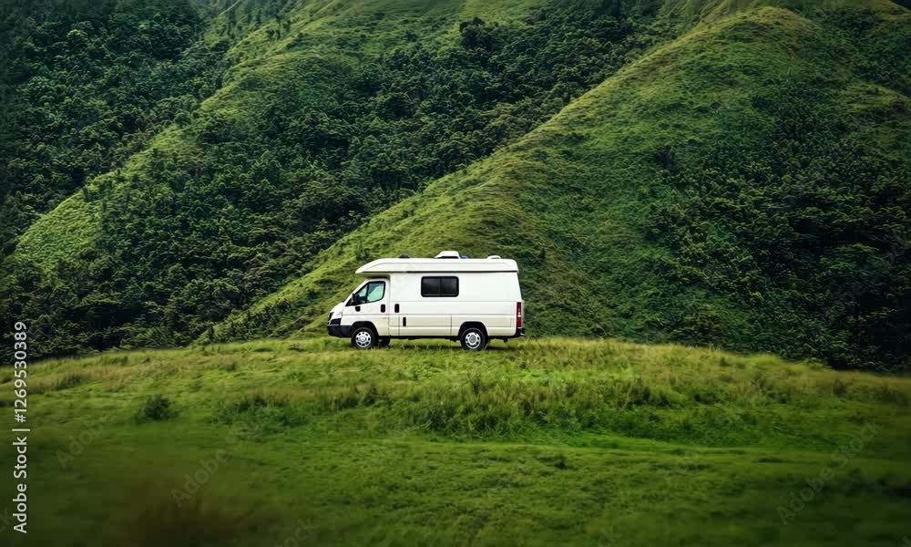 A white camper parked on lush green hills embodies a spirit of adventure and nomadic freedom, capturing the essence of outdoor living and connection to nature.