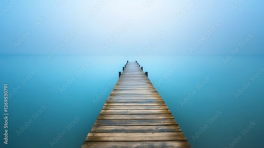 Wooden pier extending into a misty blue lake Wooden pier extending into a misty blue lake