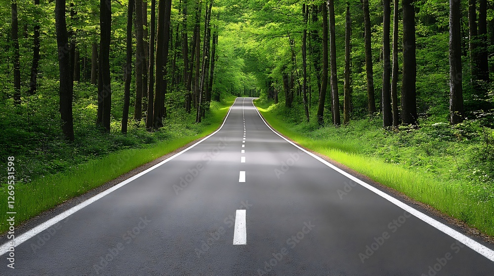Fototapeta premium Asphalt Road Through Lush Green Forest Canopy