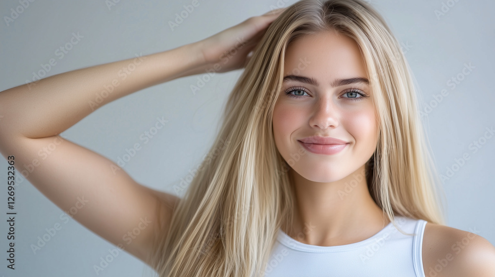Young Happy Blonde Woman with Long, Silky, Straight Hair and Healthy Ends, Beauty Portrait, Hairdo with Shiny Babylights and Natural Highlights, Nude Makeup, Light Background. Young Happy Blonde Woman with Long, Silky, Straight Hair and Healthy Ends, Beauty Portrait, Hairdo with Shiny Babylights and Natural Highlights, Nude Makeup, Light Background.
