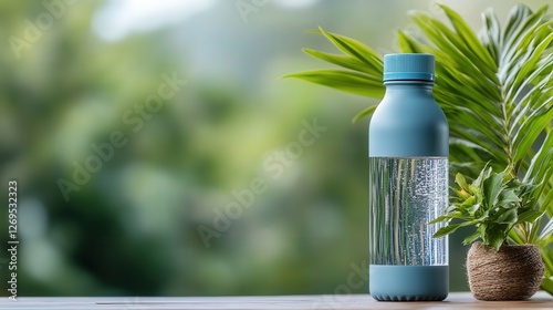 Eco-friendly reusable water bottle on wooden table with lush green background.