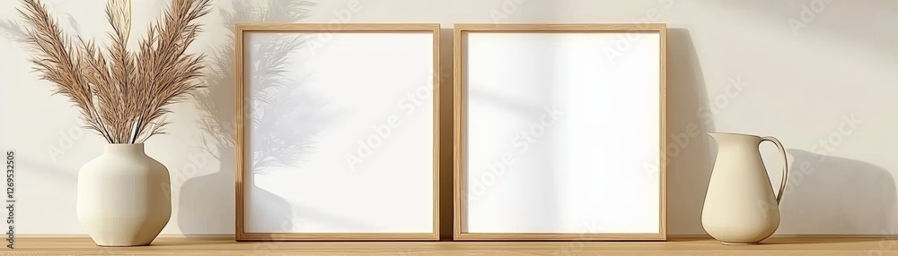 Minimalist decor with frames and vase on wooden surface. Minimalist decor with frames and vase on wooden surface.