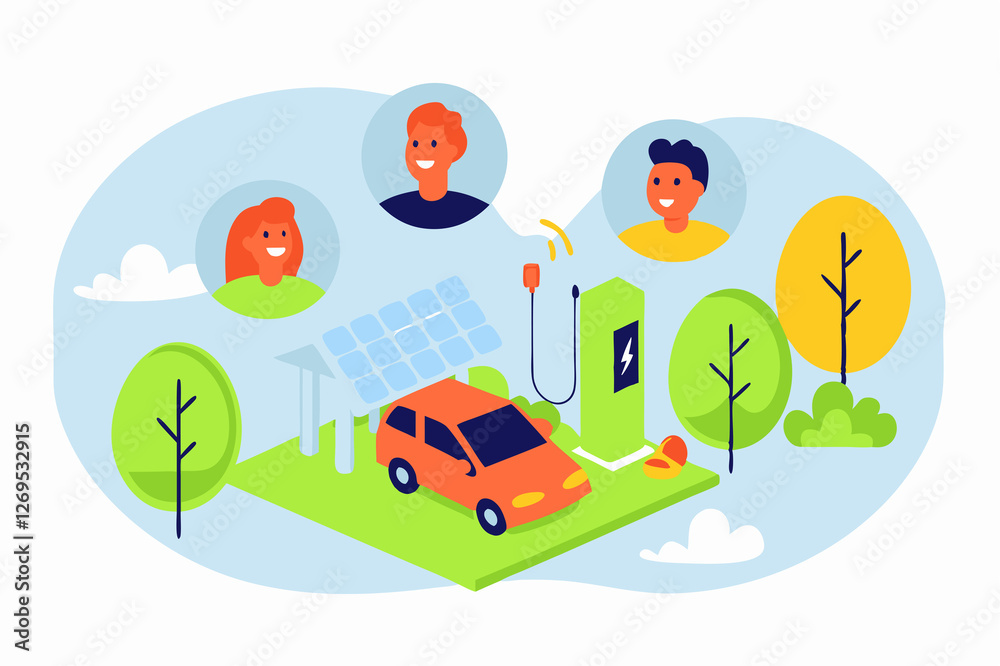 Fototapeta premium Electric car charging with solar energy in an eco-friendly environment