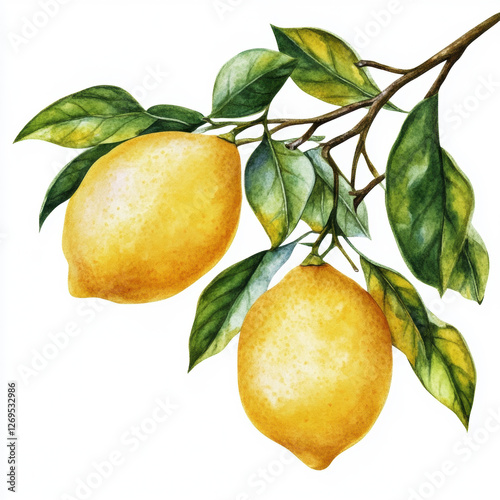 Watercolor painting of two ripe yellow lemons hanging from a branch with green leaves, isolated on a white background