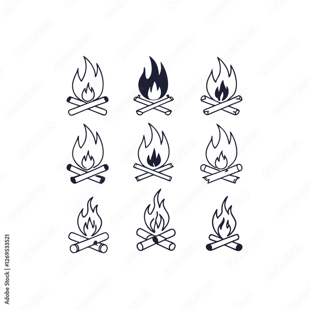 Collection of fire icons featuring various flame symbols. Conceptual fire designs, including bonfire silhouettes and flat-style flame symbols. A versatile set of fire-themed icons. Collection of fire icons featuring various flame symbols. Conceptual fire designs, including bonfire silhouettes and flat-style flame symbols. A versatile set of fire-themed icons.